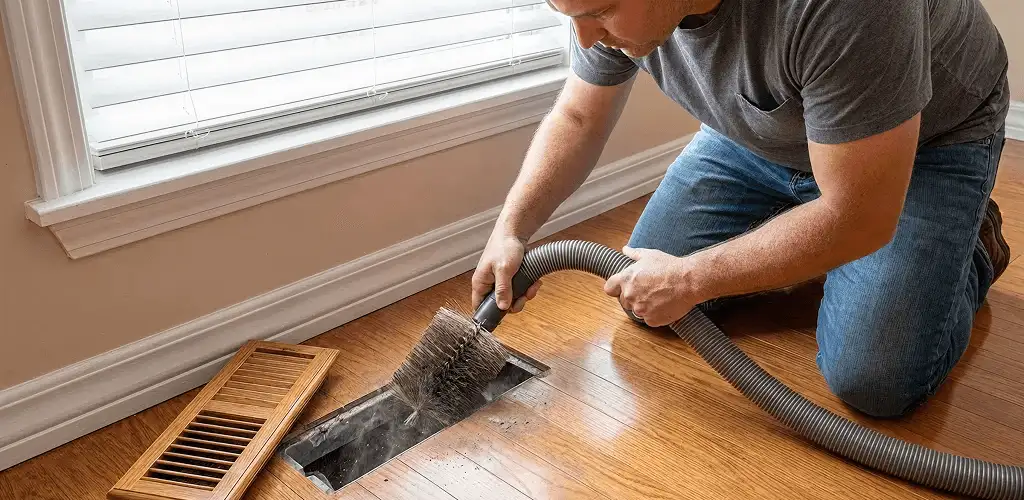 Air duct cleaning technician vacuuming a floor vent and duct opening in Tuscaloosa, AL