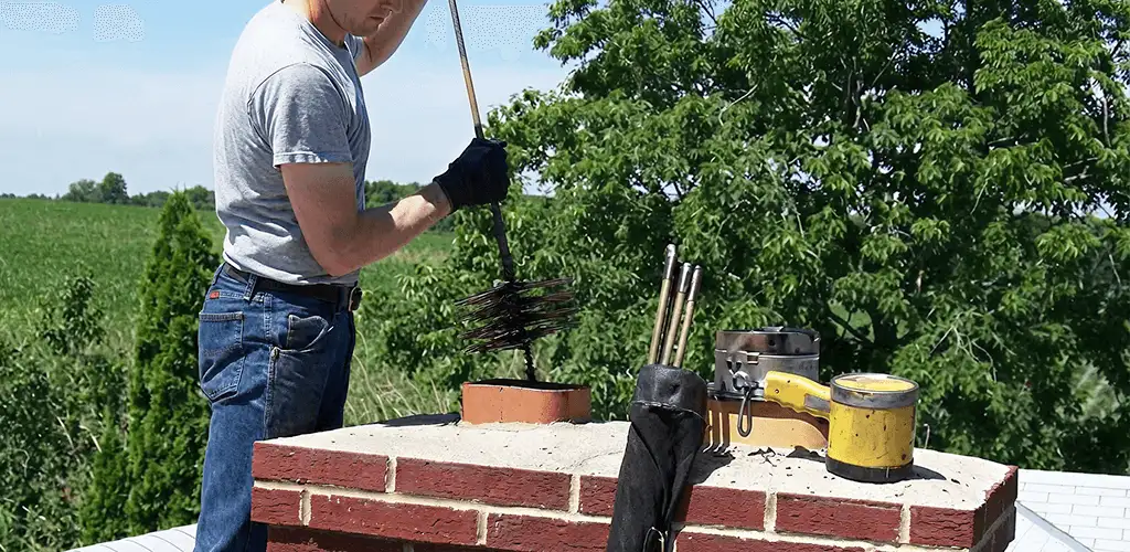 Chimney cleaning technician working on a rooftop chimney with professional tools in Tuscaloosa, AL