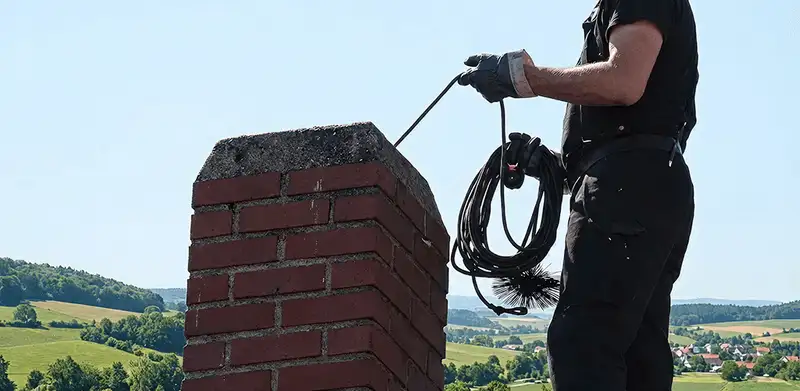 Chimney sweep inspecting and cleaning a rooftop chimney in Tuscaloosa, AL