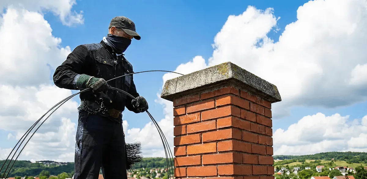 Chimney sweep cleaning a brick chimney with professional tools in Tuscaloosa, AL