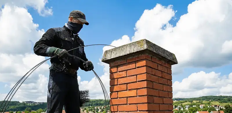 Chimney sweep cleaning a brick chimney with professional tools in Tuscaloosa, AL