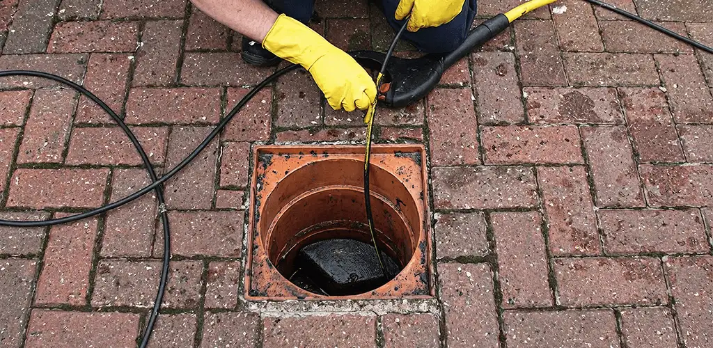Drain cleaning technician using a drain snake to clear a clogged drain in Tuscaloosa, AL