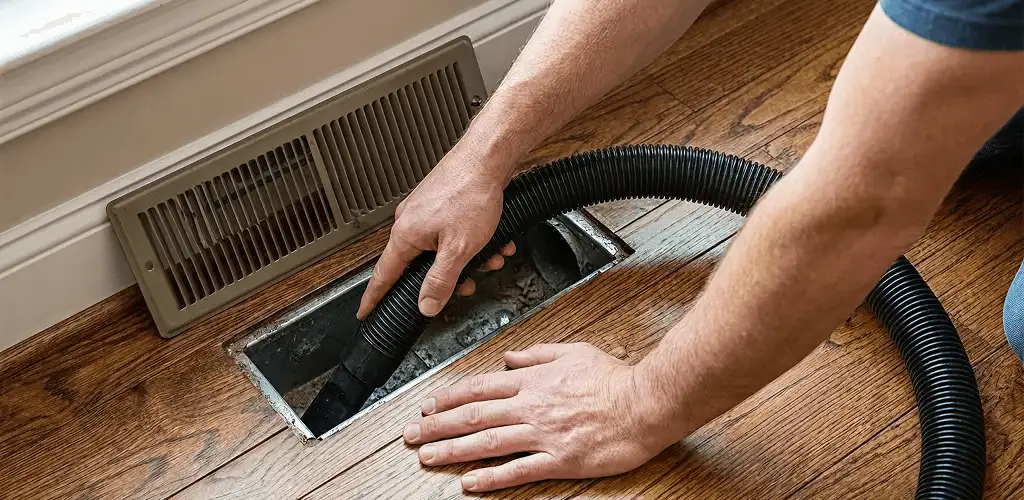 Air duct cleaning technician vacuuming a floor register and duct opening in Tuscaloosa, AL