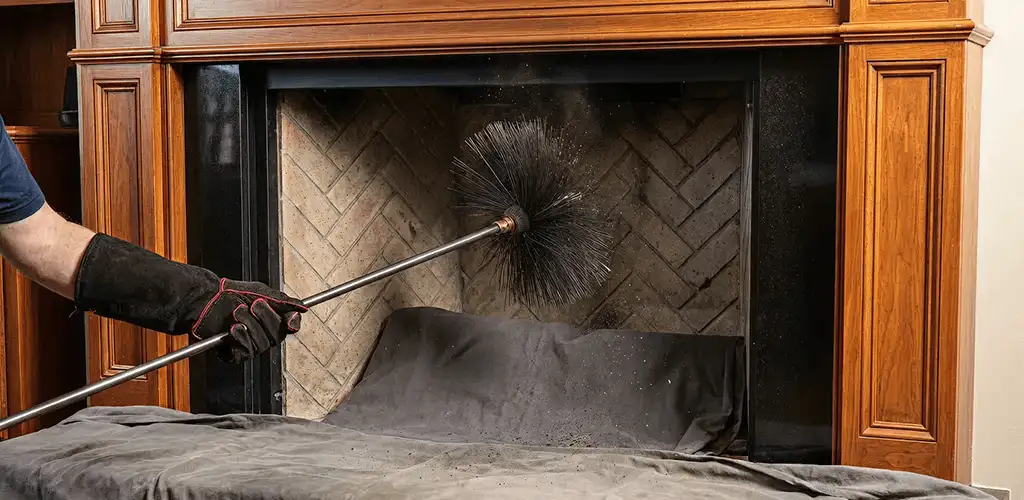 Chimney cleaning service brushing soot from a fireplace and flue in Tuscaloosa, AL