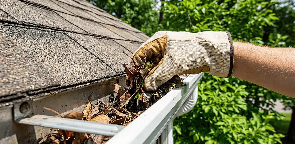 Gutter cleaning removing leaves and debris from roof gutters in Tuscaloosa, AL
