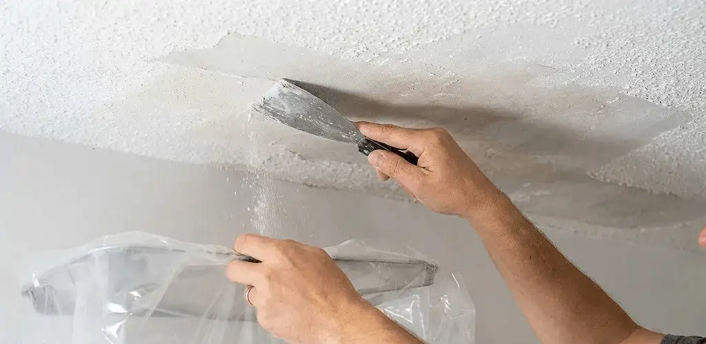 Popcorn ceiling removal technician scraping texture from a ceiling in Tuscaloosa, AL