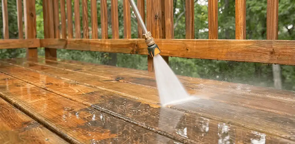 Pressure washing a wood deck to remove dirt and buildup in Tuscaloosa, AL