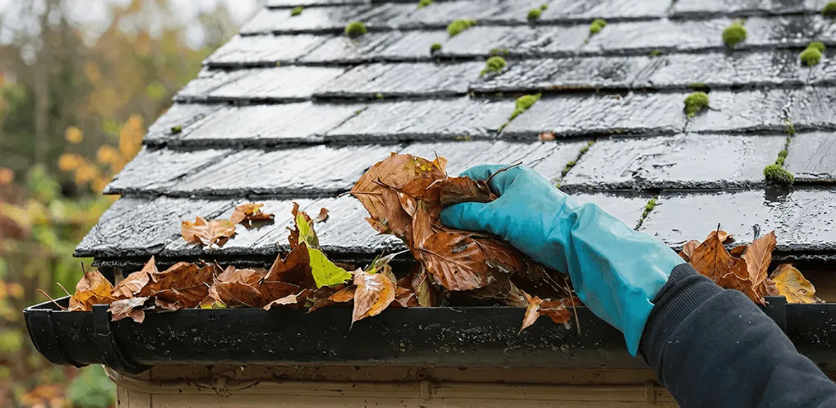 Gutter cleaning technician clearing wet leaves from roof gutters in Tuscaloosa, AL