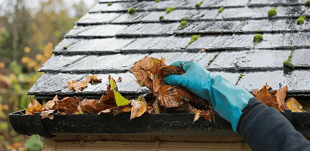 Gutter cleaning technician clearing wet leaves from roof gutters in Tuscaloosa, AL