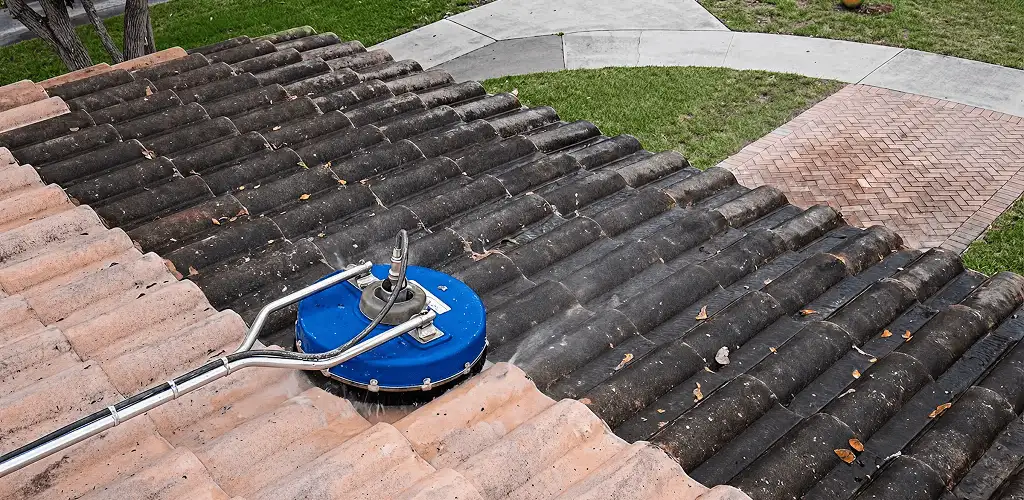 Roof pressure cleaning removing debris and buildup from roof tiles in Tuscaloosa, AL