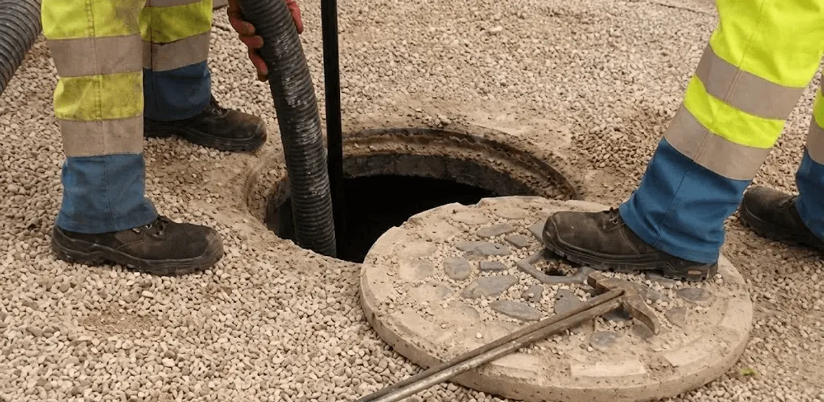 Drain cleaning crew clearing a sewer access point with professional equipment in Tuscaloosa, AL