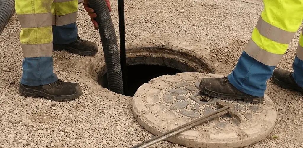 Drain cleaning crew clearing a sewer access point with professional equipment in Tuscaloosa, AL