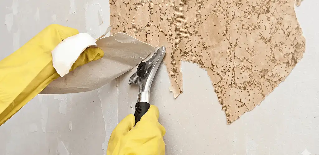Wallpaper removal service stripping old wallpaper from a wall in Tuscaloosa, AL